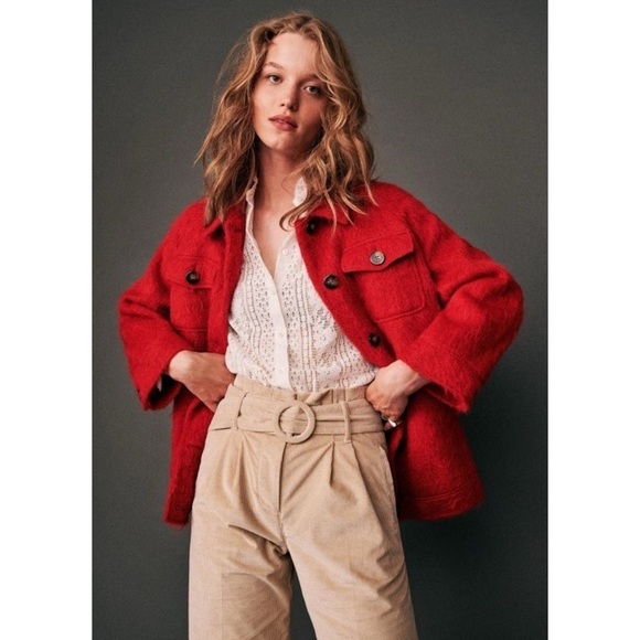 Sezane Jacket Alda Wool Mohair Alpaca Shacket Fuzzy Winter Fall Red 42 GUC - Picture 10 of 11